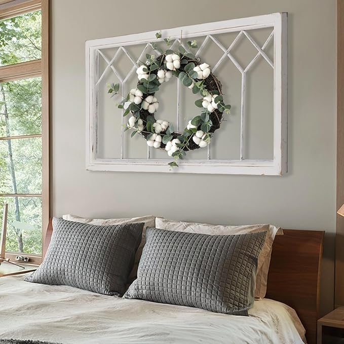 Oakrain Wood Window Frame Wall Art, 39"x 20" Rustic Wall Decor, Farmhouse Window Pane Decor for Wall, Decorative Wall Sculptures for Living Room, Bedroom, Entryway, Hallway, White