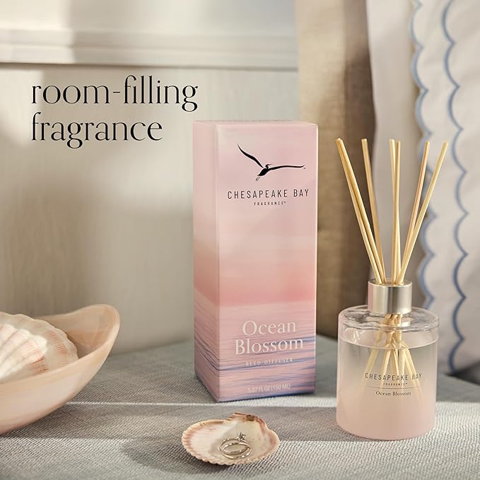Chesapeake Bay, Reed Diffuser, 5.7oz, Ocean Blossom Scent, Mood Evoking, Sea Glass-Inspired Jar, Room Filling Fragrance Made with Essential Oils, Coastal Fragrance for Home Décor or Gifting