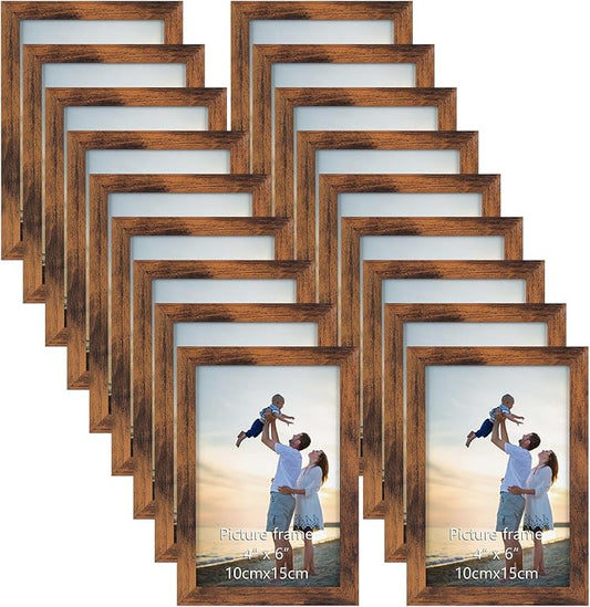 Hoikwo 18 Packs 4x6 Rustic Brown Multi Plastic Picture Frames Set with Plastic Cover for Family Photos, Artwork, Light Weight Bulk 4 by 6 Frames Pack for Wall Hanging and Table, Stylish Picture Frames