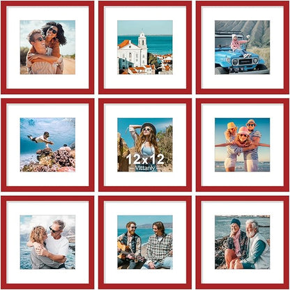 Vittanly 12x12 Picture Frames Set of 9, Shatter Resistant Plexiglass, Display 8x8 Pictures with Mat or 12x12 without Mat, Photo Frames for Wall Mount, Engineered Wood, Red