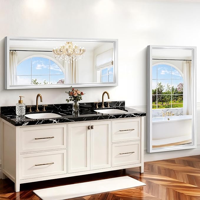 60"x28" Brushed Silver Bathroom Mirror, Large Rectangular Mirror for Wall, 0.6" Thickened Deep Frame Mirrors for Bathroom Sink, Shatterproof Tempered Glass, Antirust, Horizontally or Vertically