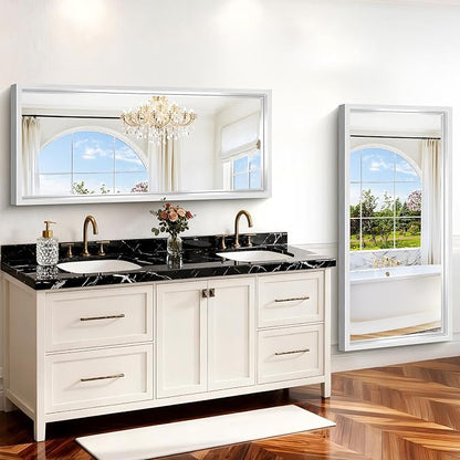 60"x28" Brushed Silver Bathroom Mirror, Large Rectangular Mirror for Wall, 0.6" Thickened Deep Frame Mirrors for Bathroom Sink, Shatterproof Tempered Glass, Antirust, Horizontally or Vertically