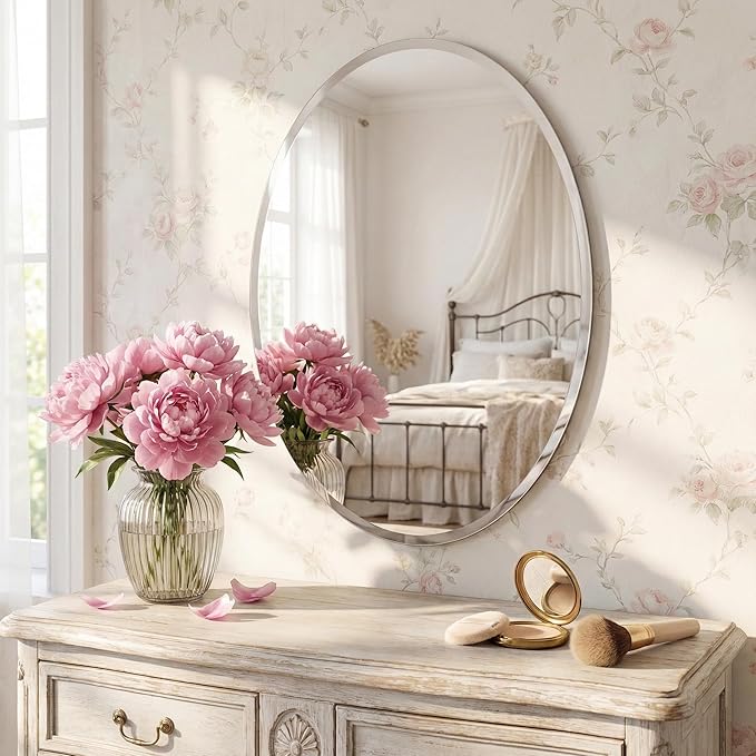 20x28 Inch Oval Frameless Bathroom Mirror with Solid Backing, Beveled Vanity Wall Mirror for Over Sink, Modern Mirror for Powder Room, Entryway