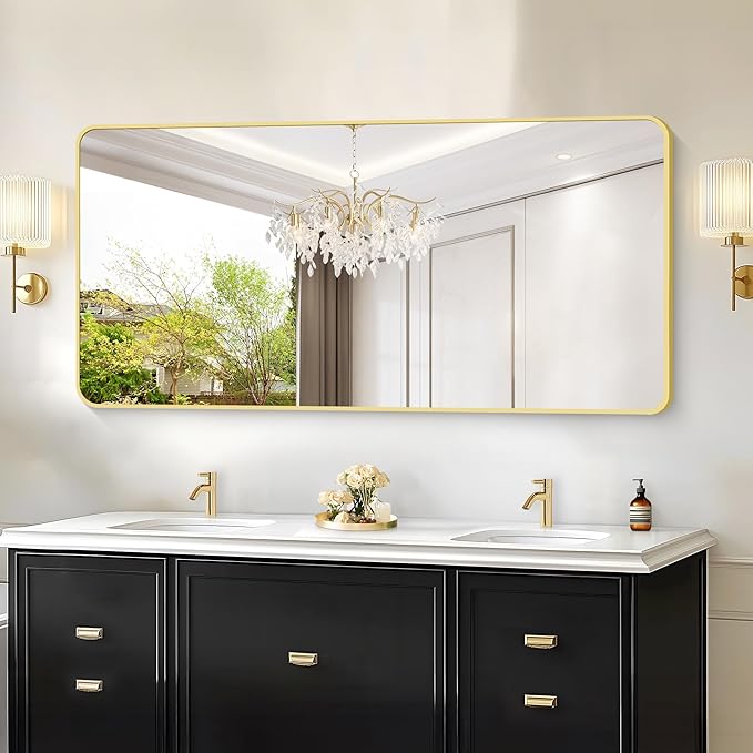 30"x60" Gold Bathroom Mirror, Large Rectangle Wall Mounted Mirror with Rounded Corner, Aluminum Metal Frame Vanity Mirror for Bathroom Bedroom Living Room