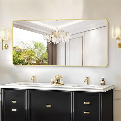 30"x60" Gold Bathroom Mirror, Large Rectangle Wall Mounted Mirror with Rounded Corner, Aluminum Metal Frame Vanity Mirror for Bathroom Bedroom Living Room