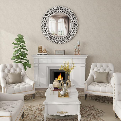 SHYFOY 34" Round Mirrors for Wall Decor,Oversize Jeweled Ornate Wall Mirror Decorative Accent Mirror Chic and Sparkly for Living Room Bathroom Bedroom Fireplace Home Decor