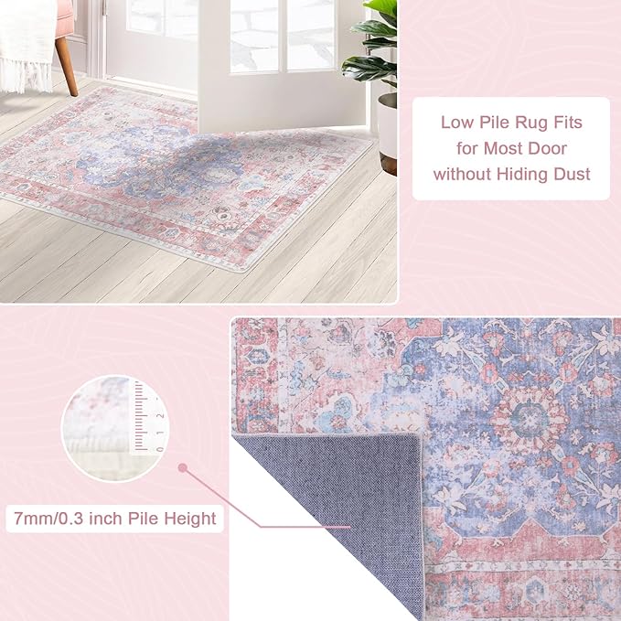 Sofrug Hallway Runner Rug, 2x8 Vintage Pink Area Rug, Honeycomb Non Slip Kitchen Runner Rugs, Washable Soft Faux Wool Rug for Hallways Entryway Kitchen Laundry Bedroom