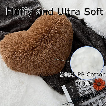MorroMorn Fluffy Heart Throw Pillows, Shaggy Decorative Pillow for Sofa Couch Bed, Cute Room Decor Decorations for Women Girls Kids (Brown)