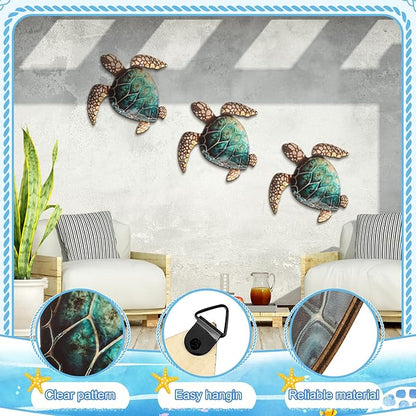 Tatuo 3 Pcs Summer Coastal Wall Decor Bathroom Beach Blue Wall Art Sea Turtle Surfboard Seahorse Starfish Seashell Conches Crabs Sea Life Decor for Bedroom Home (Classic Turtle Style)