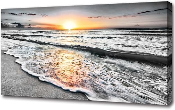 Bamdeya Large Size Wall Art Bedroom Black white Beach Wall Art Sunset Ocean Picture Painting Sea Decor Poster Office Artwork Living Room Decor Kitchen Prints Art Framed Canvas Decorations 24x48