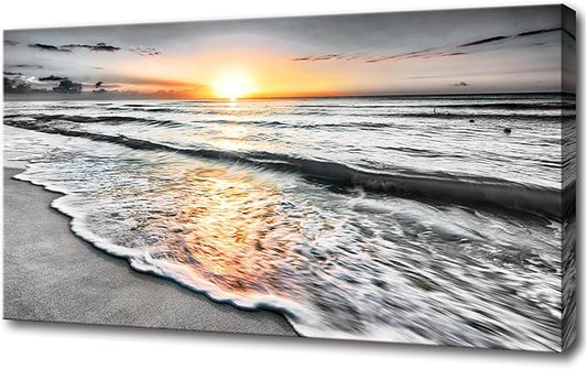 Bamdeya Large Size Wall Art Bedroom Black white Beach Wall Art Sunset Ocean Picture Painting Sea Decor Poster Office Artwork Living Room Decor Kitchen Prints Art Framed Canvas Decorations 24x48