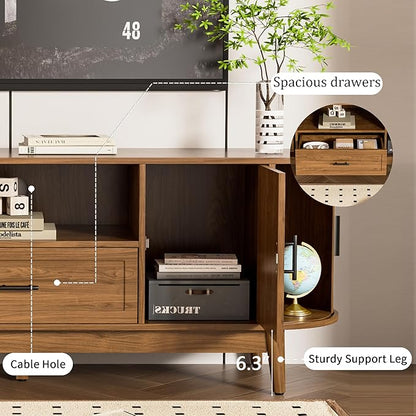 Mxtxmy 63" Fluted TV Stand for Tvs up to 70", Mid-Century Modern Entertainment Center with Drawers and Fluted Doors, Curved TV Media Console Table with Sliding Doors for Living Room, Bedroom (63")