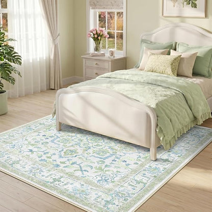 CAPALOCA Machine Washable Rugs Nursery Rug Sq5ft Cute Girl Non Slip Low Pile Water Repellent Soft Print Pattern for Bedroom Indoor Decor Kids Playroom Green Blue