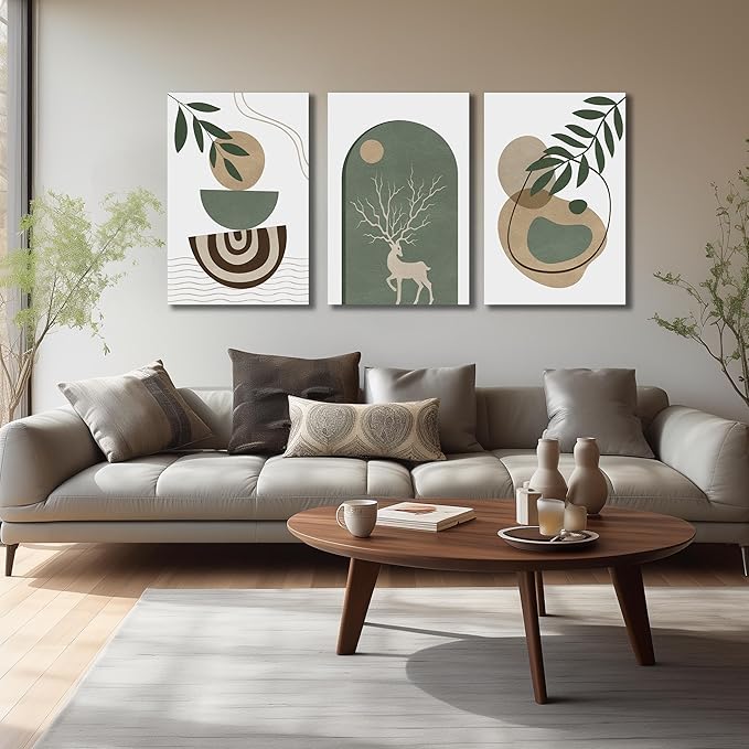 Boho Sun Canvas Wall Art Set of 3, Neutral Abstract Minimalismt Bohemian Geometric & Botanical Plants Pictures Prints Artwork Paintings Wall Decor for Bedroom Living Room Home Decoration 24x36 inches
