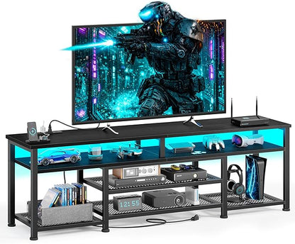 Korfile TV Stand for 65/75/80 inch TV, 71 in Entertainment Center with LED Lights and Power Outlets, TV Console Table with Open Shelves for Living Room and Bedroom, Black