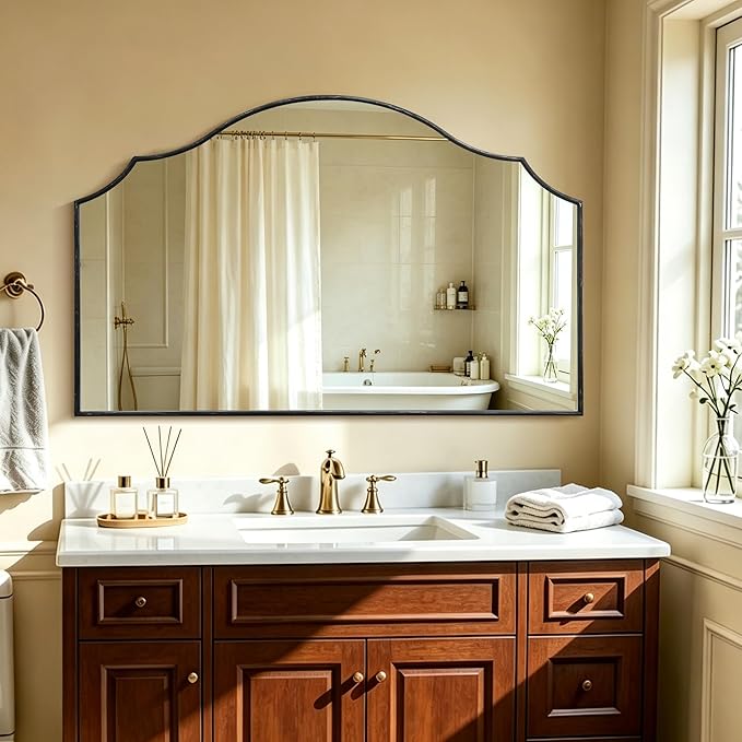 Besdomus Oversized Scalloped Black Mirror: 54"x34" Modern Minimalist Wood Frame Wall Mirror - Classical Fireplace Arched Mirrors for Bathroom/Dresser/Entryway/Living Room - Home Decor for Women