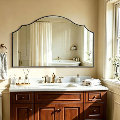 Besdomus Oversized Scalloped Black Mirror: 54"x34" Modern Minimalist Wood Frame Wall Mirror - Classical Fireplace Arched Mirrors for Bathroom/Dresser/Entryway/Living Room - Home Decor for Women