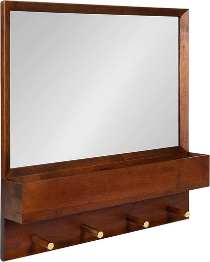 Kate and Laurel Hinter Mid-Century Framed Wall Mirror with Pocket Shelf, 24 x 24, Walnut Brown, Organizing Mail Holder and Wall Hooks