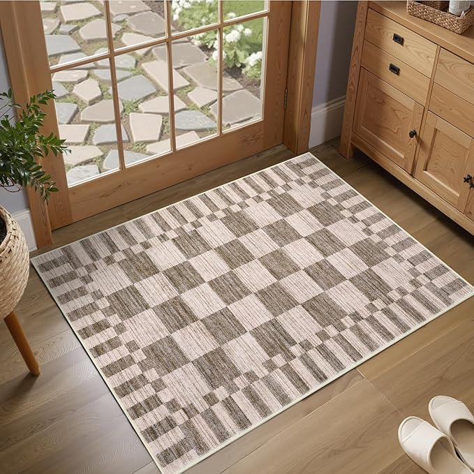 GarveeHome Brown Checkered Rug 2x4 Washable Rug Non-Slip for Entryway, Soft Low-Pile Small Area Rugs,Beige Neutral Modern Geometric Rugs for Kitchen