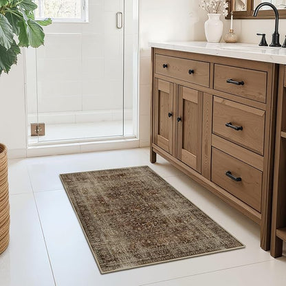 Coffee Brown 2x3 Entryway Rug, Vintage Distressed Front Door Mat Indoor Entrance, Low Pile Thin Kitchen Rugs Non-Slip Washable, Earth Tone Small Area Rugs for Entry Way Bedroom Bathroom