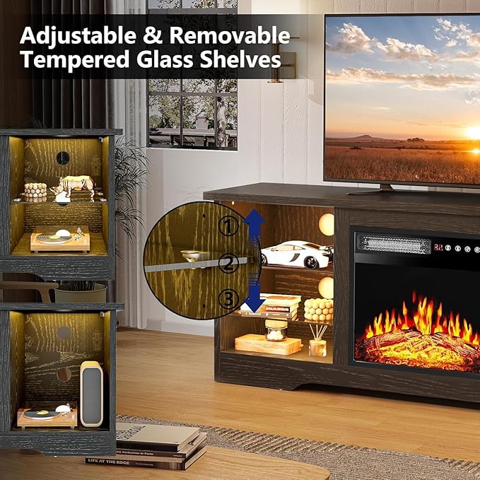 TAVATA 58" Fireplace TV Stand with 18" Fireplace, Modern Led Entertainment Center for TVs up to 65 inch, Media Console for Living Room with Storage Cabinets and Adjustable Glass Shelves (Black)