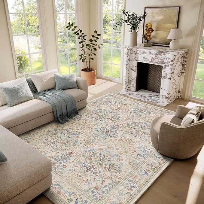 Washable Area Rugs for Living Room: 6x9 Bedroom Rug Vintage Area Rug Stain Resistant Non Slip Low Pile Lightweight Soft Carpets for Dining Room Kitchen Nursery Kids Room Farmhouse Indoor
