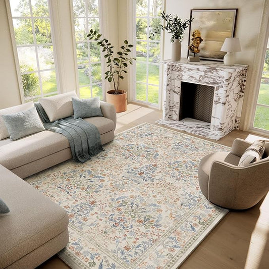 Washable Area Rugs for Living Room: 6x9 Bedroom Rug Vintage Area Rug Stain Resistant Non Slip Low Pile Lightweight Soft Carpets for Dining Room Kitchen Nursery Kids Room Farmhouse Indoor
