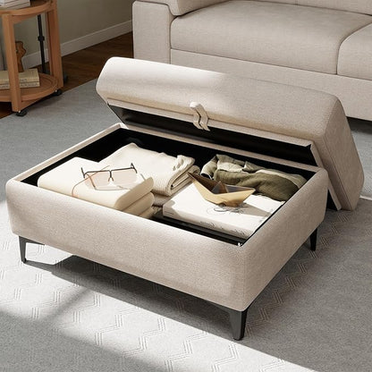 Upvilla 35" Large Storage Ottoman for Living Room, 7.8" Deep Seat Rectangular Ottoman Foot Rest for Couch, Chenille Storage Footstool Load 350 lb （Beige）