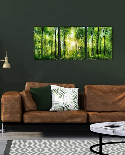 Forest Art Canvas Wall Decor: 3 Panel Nature Wall Art Landscape Paintings Framed Trees Green Pictures Sunrise Scenery Wall Decor for Living Room Bedroom Office Bathroom 12 x 16 Inch