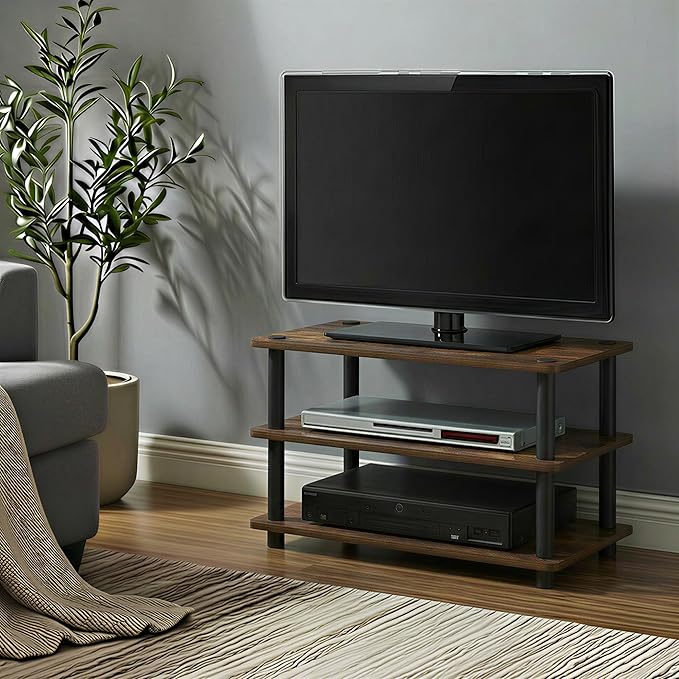 Furinno Turn-N-Tube TV Stand, 3-Tier Corner Entertainment Center with Open Shelves, Toolless TV Console for TV up to 32 Inch, Open Back, Easy Assembly, for Living Room, Bedroom, Amber Pine