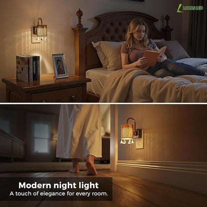 L LOHAS LED Night Lights Plug into Wall, Boho Fabric Cylinder Decor Night Light with Tassel, Dusk to Dawn Sensor, 0-100LM Dimmable Night Lights, Vintage Nightlight for Bedroom, Living Room, Hallway