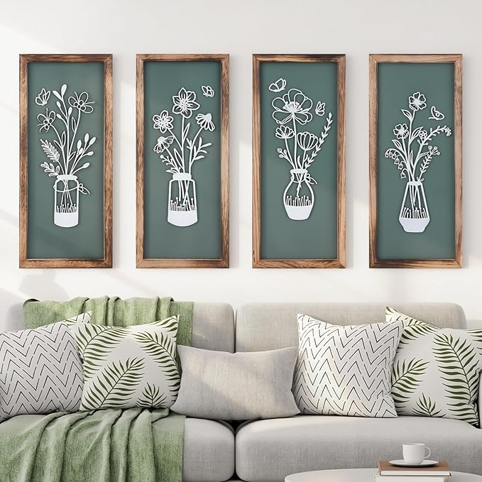 BrightRow 4 Pcs 3D Green Wooden Floral Wall Art Bathroom Wall Decor 7 x 16 Inch Farmhouse Vintage Boho Minimalist Flower and Vases Art for Living Room