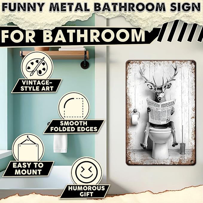 Funny Metal Bathroom Sign Deer on Toilet Reading Newspaper Vintage Black and White Restroom Wall Decor Humorous Buck Stag Tin Sign 8x12 Inch