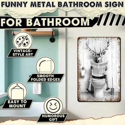 Funny Metal Bathroom Sign Deer on Toilet Reading Newspaper Vintage Black and White Restroom Wall Decor Humorous Buck Stag Tin Sign 8x12 Inch