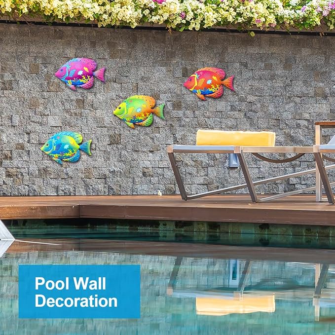 Oraytteo Metal Fish Wall Decor, Set of 4 Fishes Wall Art Decorations for Barthroom Fence Pool Patio Beach Home Decor, Indoor or Outdoor Decorations