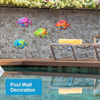 Oraytteo Metal Fish Wall Decor, Set of 4 Fishes Wall Art Decorations for Barthroom Fence Pool Patio Beach Home Decor, Indoor or Outdoor Decorations