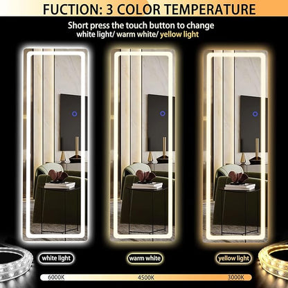 Hasipu Full Length Mirror with Lights, 56" x 16" LED Floor, Full Body Dressing Standing, Hanging Mounted Mirror, Round White