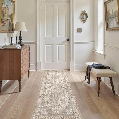 EIEIHOUSE Washable 2x6 Runner Rug - Area Rugs Neutral Vintage Distressed Floral Farmhouse Boho Large Soft Floor Rug Indoor Carpet for Hallway Entryway Bedroom Kitchen - Brown/Multi