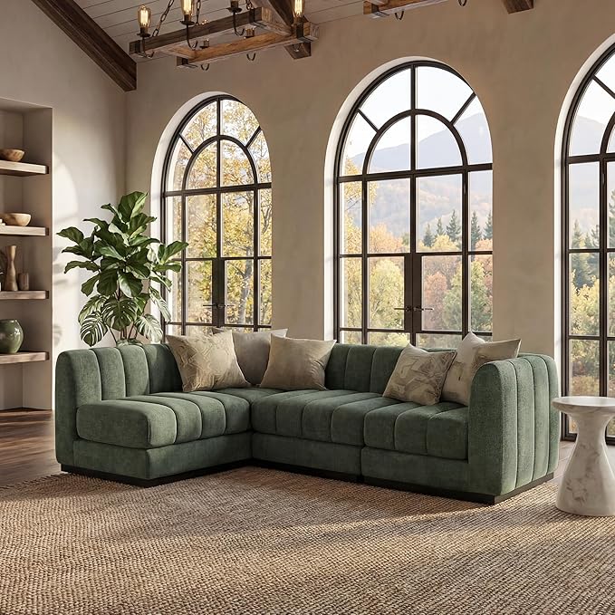Morden Fort 96" L-Shaped Modular Sectional Sofa, Deep Seat Chenille Couch, Modern Sectional Couch for Living Room Apartment, High Density Foam, Green