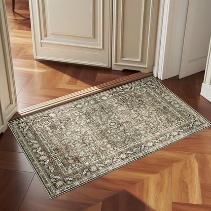 OPPODREAM Vintage Brown 2x3 Washable Rug, 2 x 3 Retro Door Mat Indoor Entrance Non Slip, Low-Pile Faux Wool Throw Carpet, Distressed Floor Mat for Kitchen, Hallway, Entry-Way, Back Door