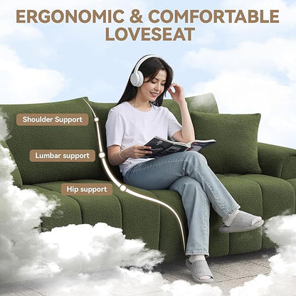 88 "Modern Boucle Sofa Couch, Oversized Comfy 3 Seater Sherpa Curved Sofas Deep Seat, Upholstered Loveseat Teddy Round Arm Couches for Living Room, Bedroom, Green