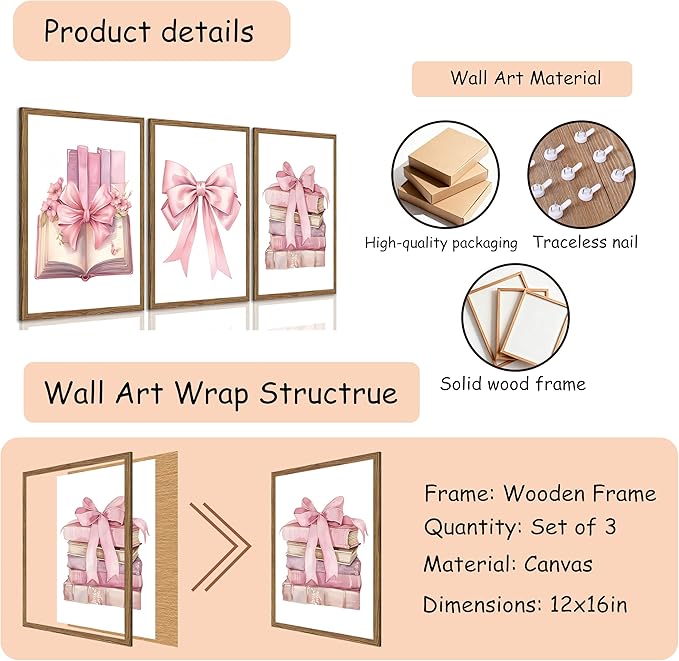 JBZDD Bow decor Art Set of 3,Book Lovers Gifts Preppy Decor Trendy Pink book Posters Pictures Prints Aesthetic for Girls Room College Apartment Living Room Bedroom Framed 12x16 In Framed