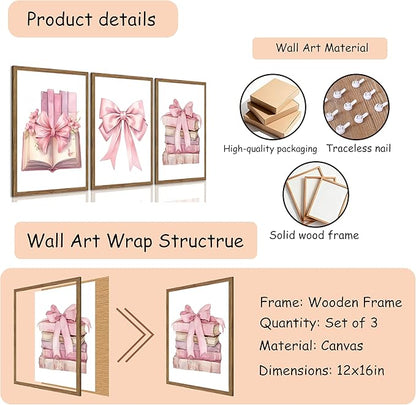 JBZDD Bow decor Art Set of 3,Book Lovers Gifts Preppy Decor Trendy Pink book Posters Pictures Prints Aesthetic for Girls Room College Apartment Living Room Bedroom Framed 12x16 In Framed