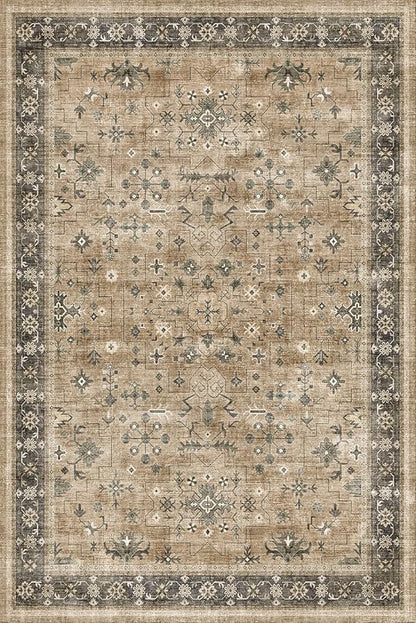 Vintage Taupe Sage 6x9 Rug for Living Room - Washable Dining Room Rugs for Under Table, Low Pile Non-Slip Carpet for Bedroom - Natural Earthy & Boho Eclectic Home Decor