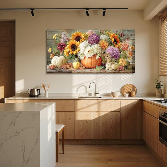 imjiayu Floral Wall Art, Oversized Wall Art, Large Wall Decor, Sunflower Dahlia Painting Art Prints, Autumn Pumpkins Harvest Rustic Pictures for Living Room Dining Room Farmhouse Decorations 29"x57"