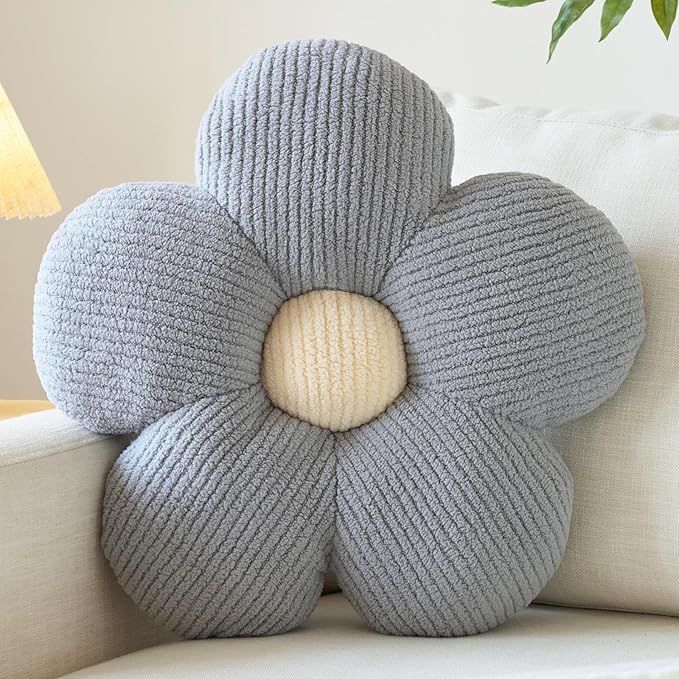 Flower Pillow, Decorative Throw Pillow for Couch, Cute Decor Pillows for Bed, Aesthetic Flower Shaped Pillow Fun Cushion (Grey, 19.6 Inches)