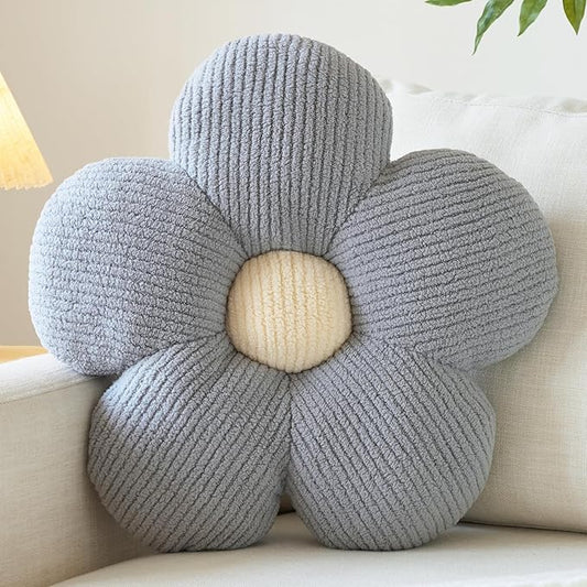 Flower Pillow, Decorative Throw Pillow for Couch, Cute Decor Pillows for Bed, Aesthetic Flower Shaped Pillow Fun Cushion (Grey, 19.6 Inches)