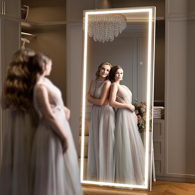 79" x 36" Full Length Mirror with Lights, LED Lighted Floor Standing Body Mirror, Dimmable & 3 Color Lighting for Bedroom, Cloakroom, Dressing Room, Tempered Glass, White Frame