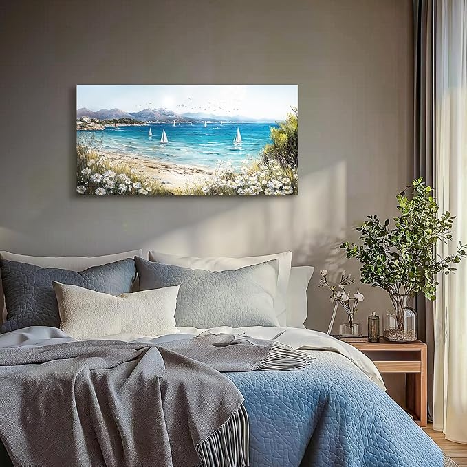 SERIMINO Coastal Landscape Large Wall Art, Beach Daisy Canvas Art Prints, Bay Sailboat Artwork for Walls, Nature Ocean Scenery Paintings Wall Decor Living Room Bedroom, Rustic Home Decor 20"X40"