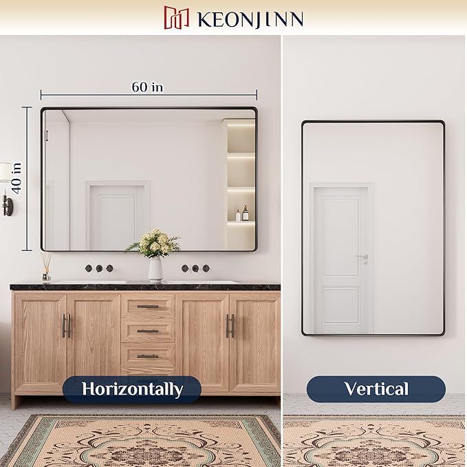 Keonjinn Black Bathroom Mirror for Over Sink, 60 x 40 Inch Large Rounded Rectangle Bathroom Vanity Mirror, Matte Black Sandblasted Finish, HD Tempered Glass, Seamless Metal Frame(Horizontal/Vertical)